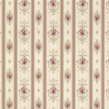 1:24, 1/2" Scale Dollhouse Miniature Wallpaper Pink Flowers on Beige Stripe (3 SHEETS)