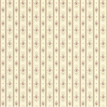 1:48, 1/4" Scale Dollhouse Miniature Wallpaper Ivory Stripe Pink Flowers