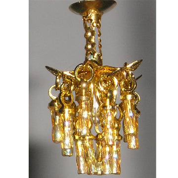 1:48, 1/4" Scale Dollhouse Miniature Light 3V Crystal Chandelier Gold Rainbow Crystals