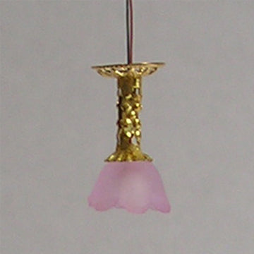 1:48, 1/4" Scale Dollhouse Miniature Light Chandelier Pink Frosted Shade 3V LED