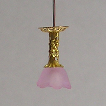 1:48, 1/4" Scale Dollhouse Miniature Light Chandelier Pink Frosted Shade 3V LED